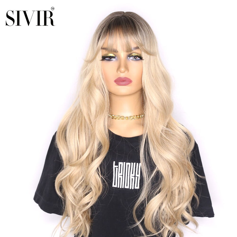 Sivir Synthetic Wigs  for Woman with Bangs Long Natural Wave Ombre 613 Color Cosplay/Daily/Party  Heat Resistant Fibre Hair