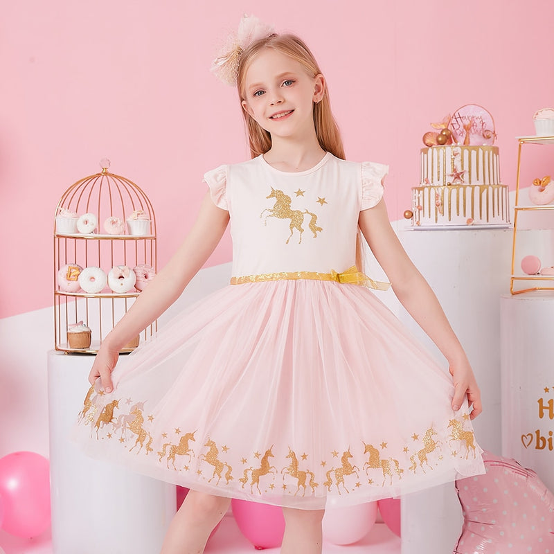 DXTON, ropa para niñas, vestidos de princesa de verano, vestido con estampado de unicornio y mangas acampanadas para niños, vestidos de fiesta para niñas, ropa para niños de 3 a 8 años