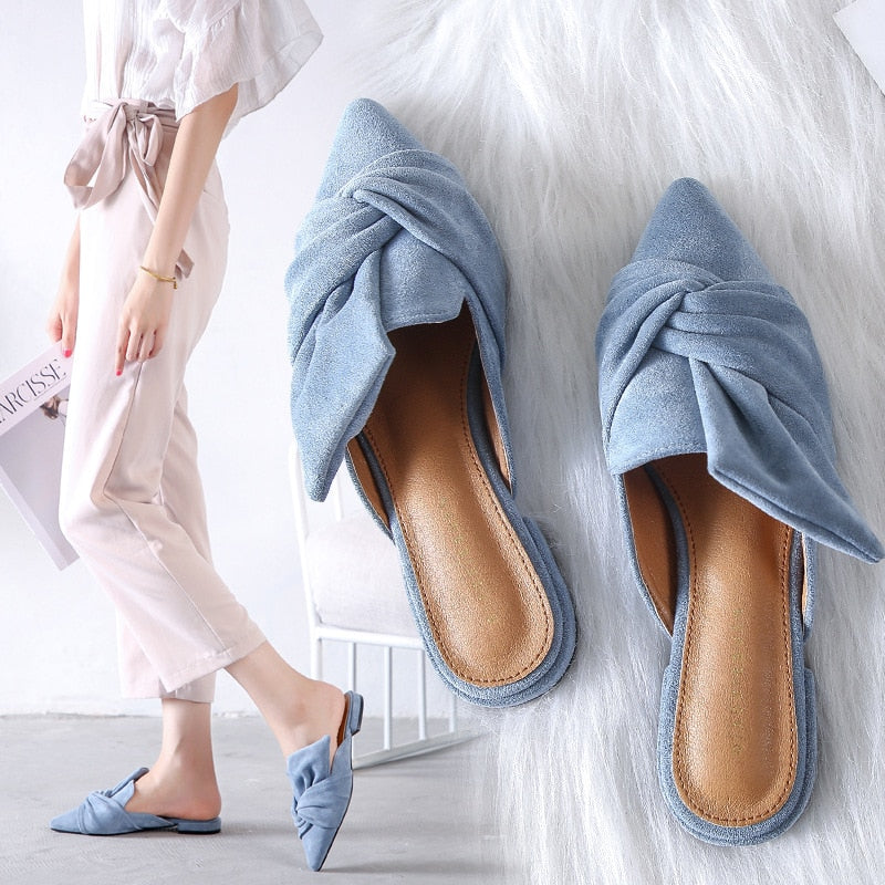 Elegant Ladies Mules Summer Women Slippers Flock Bow-knot Flats Fashion Pointed Toe Ladies Office Shoes Slides Woman Slipper