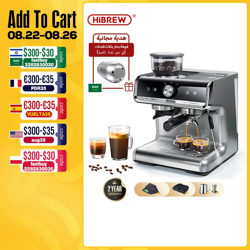 HiBREW Barista Pro 19Bar Bean to Espresso, Cafetera Commercial Level Kaffeemaschine mit komplettem Kit für Cafe Hotel Restaurant H7