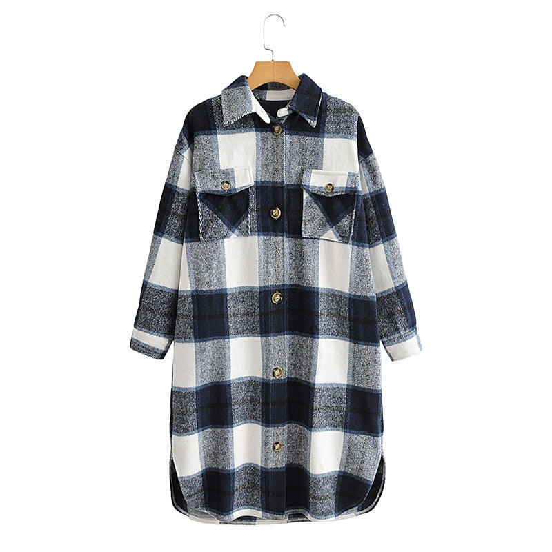 Tangada 2020 Autumn Winter Women green plaid Long Coat Jacket Casual Warm Overcoat Fashion Long Coats AI35