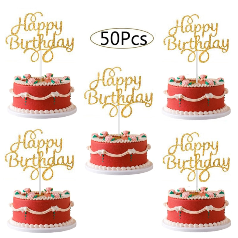 50Pcs Happy Birthday Cake Toppers Glitter Cardstock Baby Shower Kids Party Favors Decorations Cake Decoration Supplies