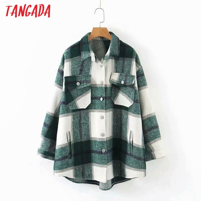 Tangada 2020 Herbst Winter Frauen Blau Plaid Lange Mantel Jacke Tasche Beiläufige Warme Mantel Mode Outwear Tops QW12