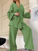 100% Baumwolle Damen Nachthemd Robe Pyjama Sets Flare Nachthemd Hosenanzüge Tropfenärmel Set Frau 2 Stück Bademantel für Frauen