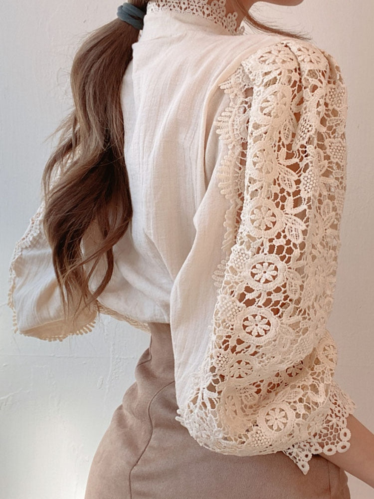 Petal Sleeve Stand Collar Hollow Out Flower Lace Patchwork Shirt Femme Blusas All-match Women Lace Blouse Button White Top 12419