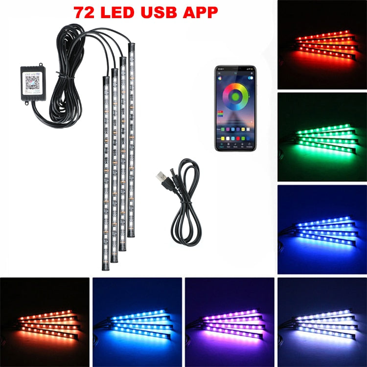 Neon 48 72 LED Car Interior Ambient Foot Light with USB Wireless Remote Music App Control Auto RGB Atmosphere Decorative Lamps