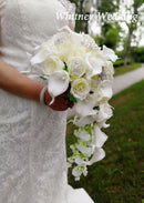 Neue Wasserfall Elfenbein Kaskadierende Blumen Calla Brautsträuße Künstliche Perlen Kristall Hochzeitssträuße Bouquet De Mariage Rose