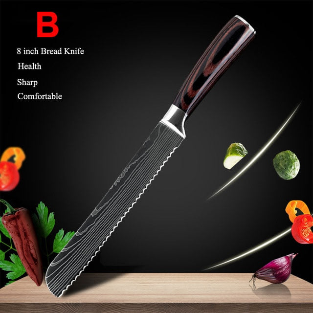 Japanese Kitchen Knife Set Laser Damascus Pattern Stainless Steel  Sharp Cleaver Slicing Utility Knives Kitchen Tools