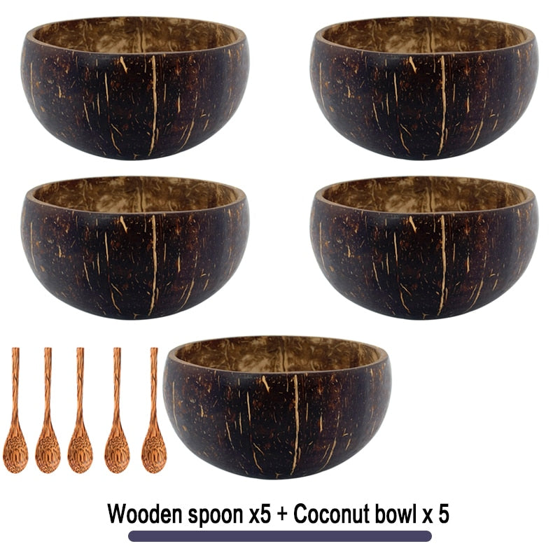 Cuenco de coco Natural de 12-15cm para mujer, juego de cena hecho a mano, vajilla de madera, cuchara de madera, postre, ensalada de frutas, tazón para mezclar arroz y Ramen