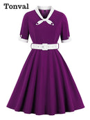 Tonval Green Contrast Bow Neck and Cuff Vintage Belted Dress Half Sleeve Herbst Damen Fit and Flare Retro Swing Kleider
