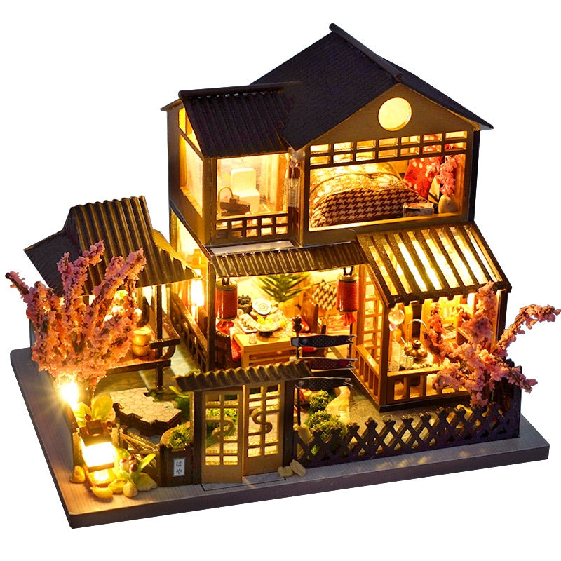 Cutebee DIY Dollhouse Kit Japanisches Gebäude Miniatur-Puppenhäuser aus Holz mit Möbel-LED-Leuchten für Kindergeburtstagsgeschenk