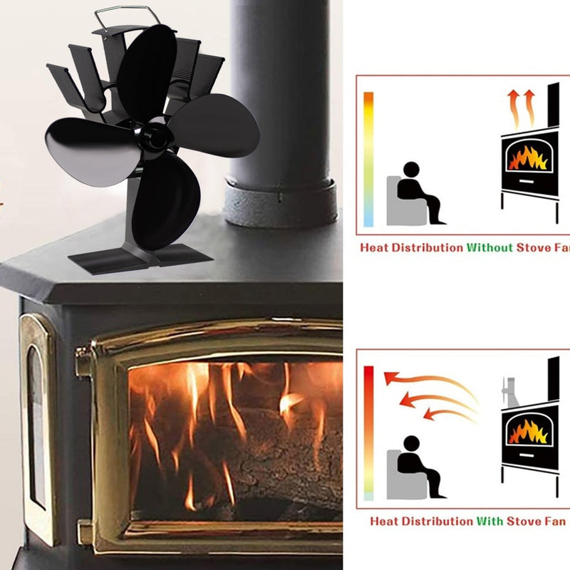 Chimenea negra de 4 aspas con ventilador de estufa de calor, quemador de madera de troncos komin, ventilador silencioso ecológico, distribución de calor eficiente para el hogar