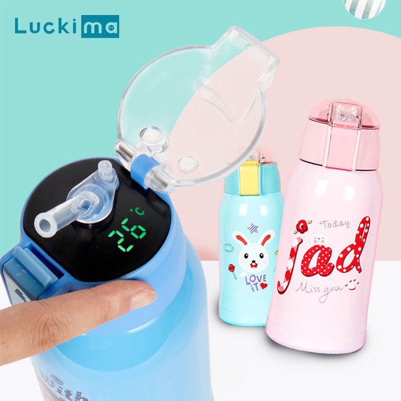 Taza termo con pantalla de temperatura inteligente de dibujos animados de 500ml, botella de agua portátil de estilo pajita para mantener el calor y el frío las 24 horas para el bebé