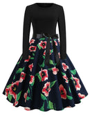 Winter Christmas Dresses Women 50S 60S Vintage Robe Swing Pinup Elegant Party Dress Long Sleeve Casual Print Black