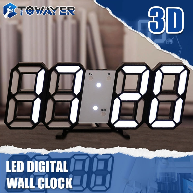 Towayer Große 3D-LED-Digital-Wanduhr, Datum, Uhrzeit, Celsius, Nachtlicht, Tisch, Tischuhren, Wecker aus dem Wohnzimmer