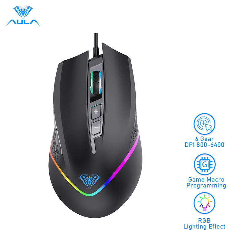 AULA F805 RGB Gaming-Maus 6400 DPI Kabelgebundene USB-Computermaus mit Hintergrundbeleuchtung 7 programmierbare Tasten Ergonomisch für Laptop-Desktop