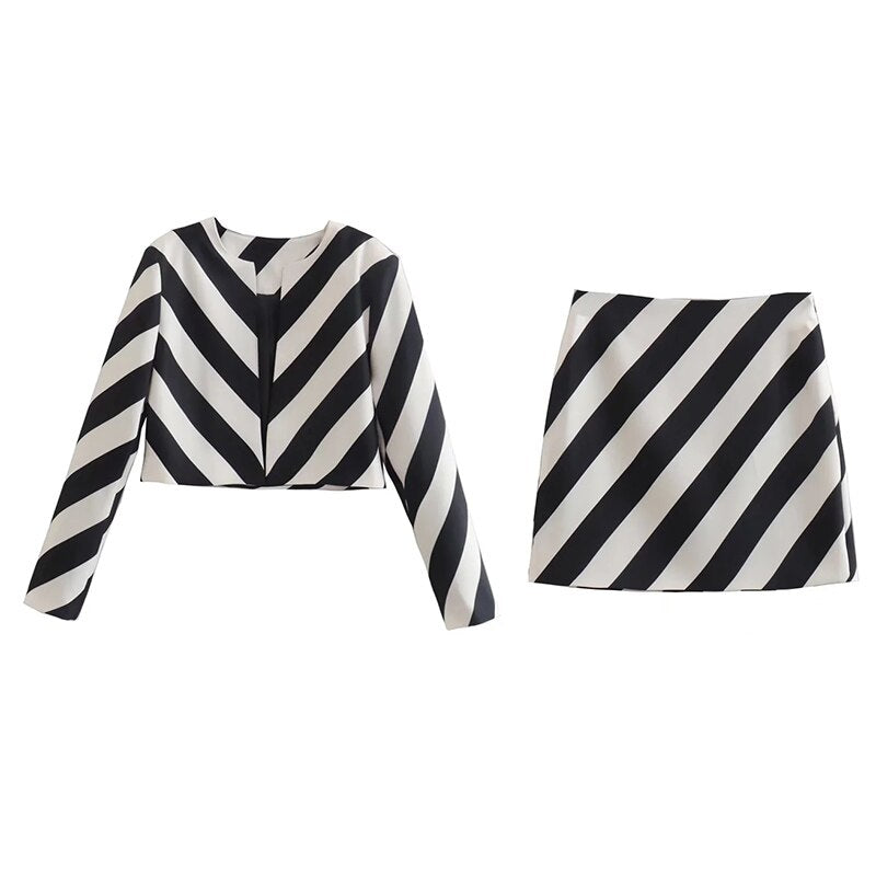 Office Lady Striped Print White Black Elegant Mini Skirt Suits Slim Crop Top Femme Clothing Sets Spring Fashion Retro Suit