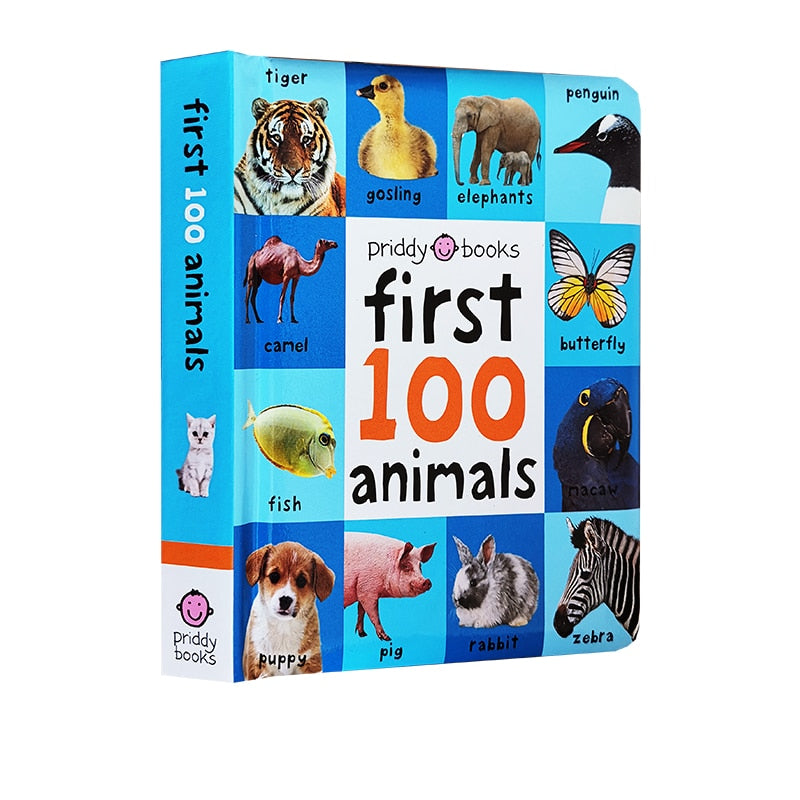 First 100 Animals Words Book for Kids Early Education Hardcover Board Book Baby Learning English Picture Books Montessori Toys