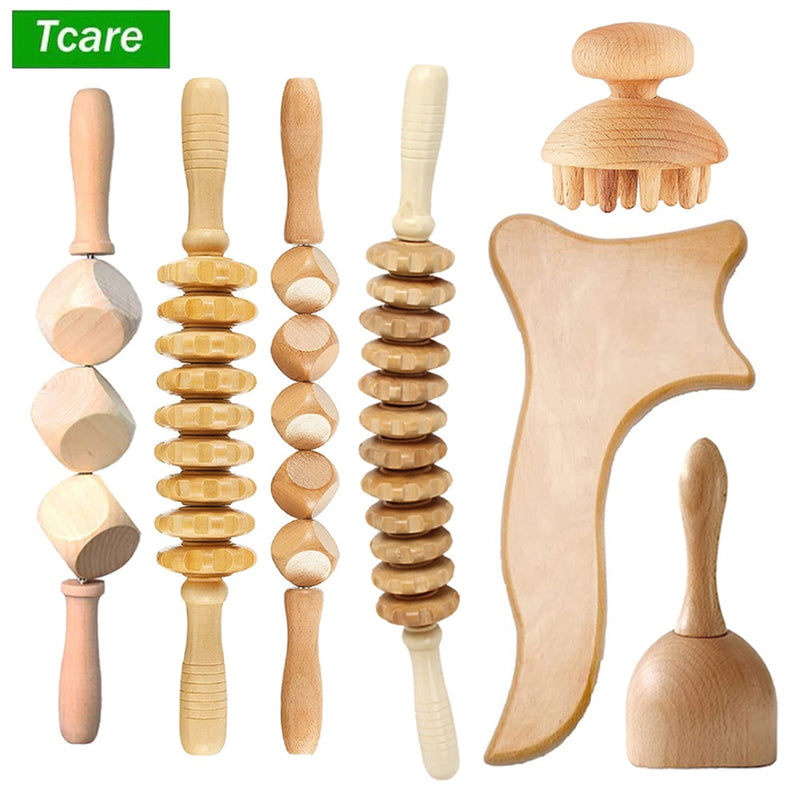 Tcare 7Pcs/Set Wood Therapy Massage Gua Sha Tools, Maderoterapia Colombiana, Lymphatic Drainage Massager Roller Therapy Cup New