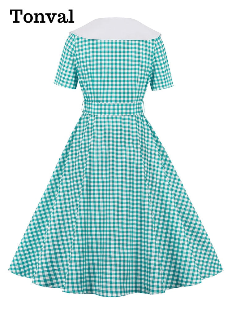 Tonval Gingham Print High Waist Vintage A Line Cotton Midi Dresses for Women Double-Breasted 1950S Rockabilly Plaid Dress