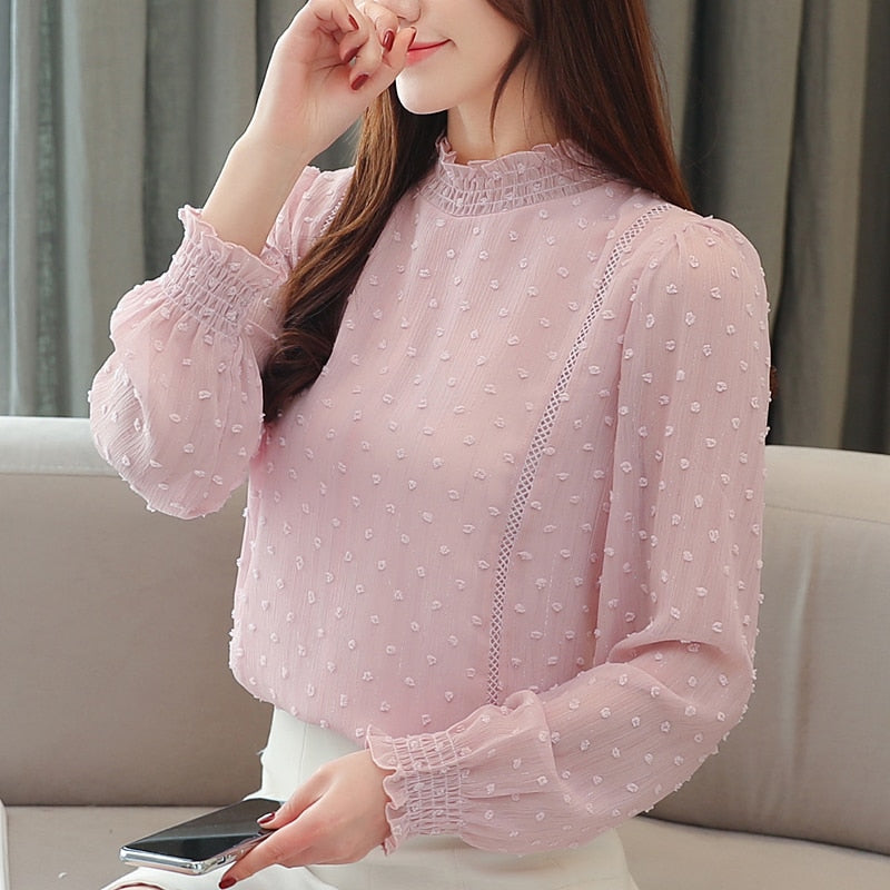 New 2022 Fashion Women Chiffon Blouses Long Sleeve Casual Women Tops Embroidery Elegant Stand Collar Women Clothing 5401 50