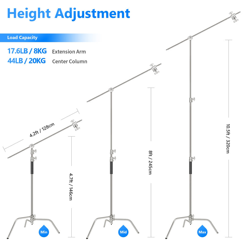 NEEWER Pro 100% Stainless Steel Heavy Duty C Stand with Boom Arm, Max Height 10.5ft/320cm Photography Light Stand