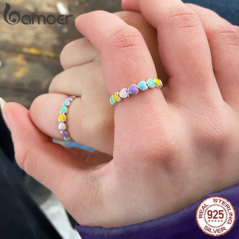 BAMOER 925 Sterling Silver Rainbow Heart Finger Ring for Girl, Women Stackable Silver Ring with Mini Hearts Trendy Party Jewelry