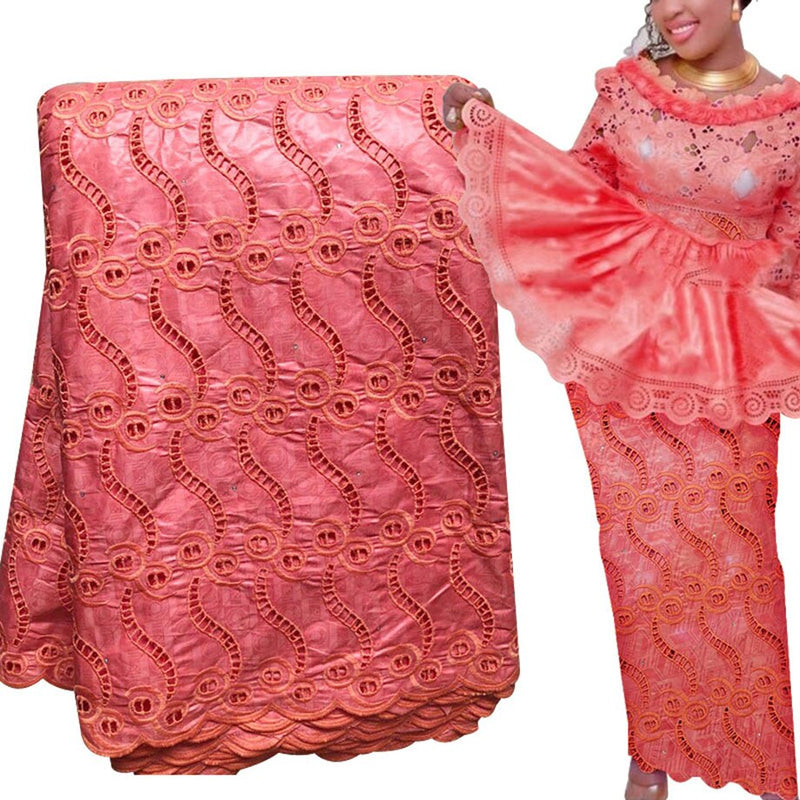 Tela de encaje de brocado africano Bestway, 5 yardas, bordado de ojales de diamantes de imitación de alta calidad, telas de encaje Bazin Riche perfumado de Guinea