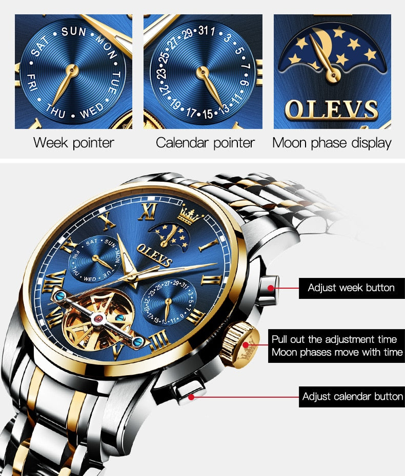 Reloj OLEVS para hombre, reloj mecánico automático, reloj de pulsera Stianless de la mejor marca, reloj de pulsera de lujo moon phaseTourbillon, regalos para hombre