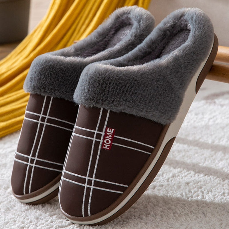 Large size 50/51 Home slippers men Gingham cotton slippers indoor winter warm plush non-slip thick-soled Soft Slippers male