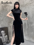InsGoth Retro Cheongsam Schwarzes Kleid Gothic High Waist Bandage Patchwork Midikleid Frauen Elegantes, figurbetontes, kurzärmliges Partykleid