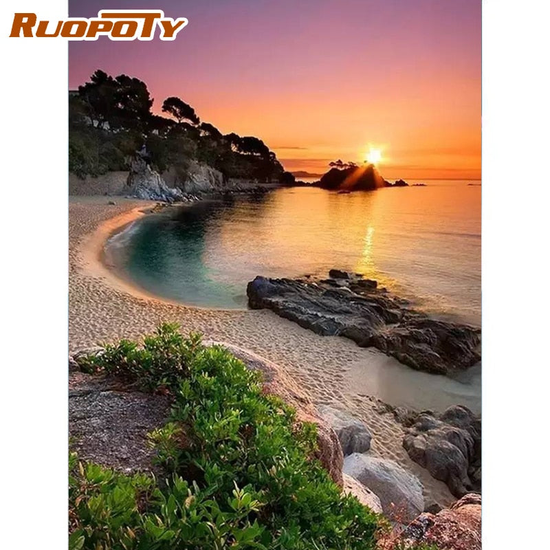 RUOPOTY Frame Diy Painting By Numbers Sunset Seaside Acrylic Canvas Painting Landscape Modern Wall Art Picture Diy Gift 60x75cm