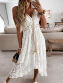 2022 Sommer Casual V-Ausschnitt Spitze Patchwork Kleid Frauen Wadenmitte Kleid Sexy Aushöhlen Ärmellose Spaghettibügel Kleider Vestidos