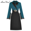 MoaaYina Fashion Runway dress Spring Women Dress Notched collar Long sleeve Lace Belte Patchwork Office Lady Slim Dresses