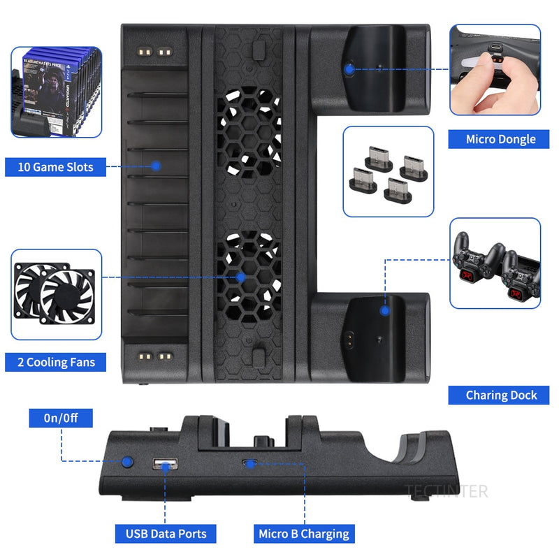 For PS4/PS4 Slim/PS4 Pro Vertical Stand LED Cooling Fan Dual Controller Charger Charging Station For SONY Playstation 4 Cooler