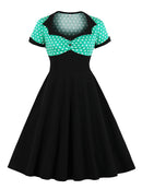 Tonval Two Tone Sweetheart Neck Button Front Vintage Party Dresses Women Pinup Retro Polka Dot A Line Summer Swing Dress