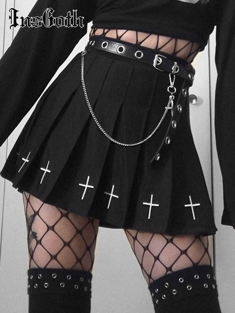 InsGoth Hohe Taille Schwarze Miniröcke Gothic Streetwear Cross Print Plissee Damenröcke Emo Fairy Grunge Lolita Harajuku Rock