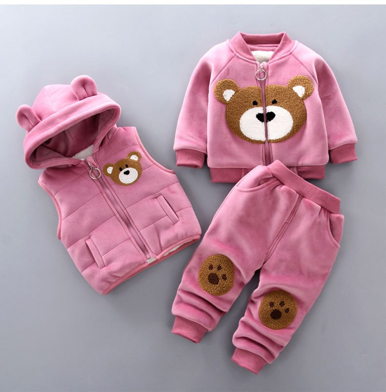 Winter Baby Girls Hooded Clothes Children Christmas Sets Vest+Coat+Pant 3 Pieces Boy Suits Cartoon Bear Garment For Kids 1-4 Age