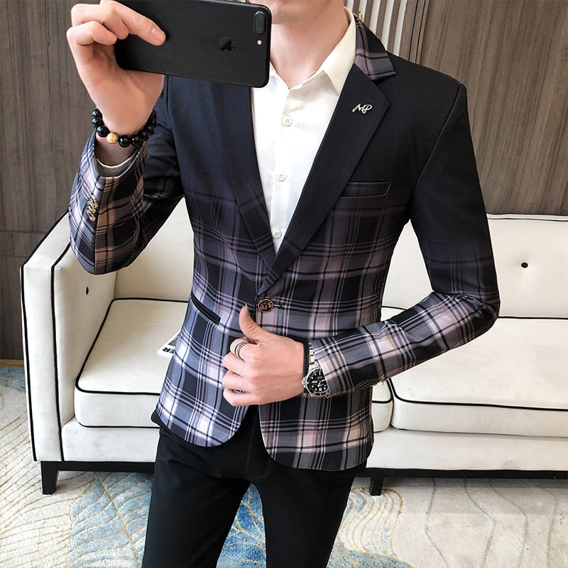 Wedding Business Clothing Male Blazer Masculino 2020 Spring British Style Plaid Blazer For Men Suit Jacket Casual Dress Coat