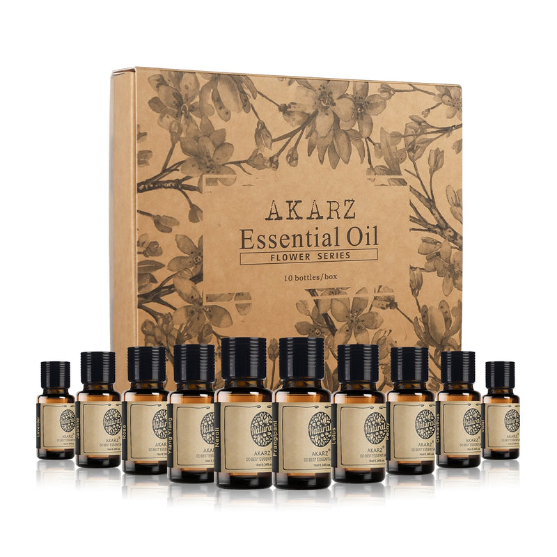 AKARZ Flower Serie 10 Sets Lavanda Jazmín Rosa Ylang Neroli Frangipani Lotus Peony Osmanthus Violeta Aceite Esencial