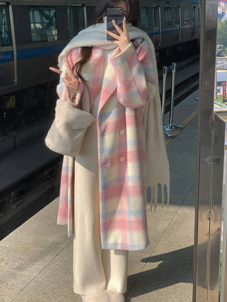 2022 Winter Rainbow Woollen Overcoat Women Casual Plaid Long Coats Office Lady Y2k Clothing Korean Fashion Trench Coats Jacket