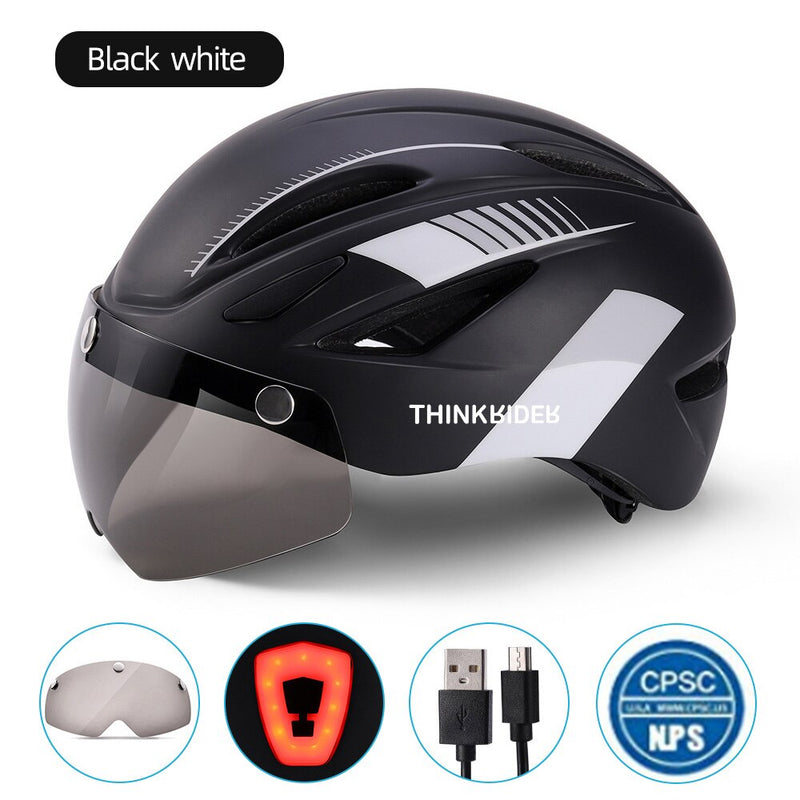 ThinkRider Cycling Helmet with Visor Magnetic Goggles and Tail lights  58-61cm for Men Women MTB Road Bicycle  Bike Helmet