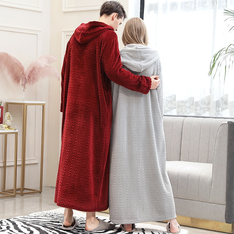 Women Winter Plus Size Long Warm Flannel Hooded Bathrobe 40-110KG Zipper Bath Robe Pregnant Night Dressing Gown Men Sleepwear