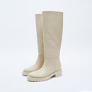 QUTAA INS Mode Frauen Kniehohe Stiefel Vollrindleder Warme Wohnungen Dicke High Heels Motorradstiefel Frau Dame Schuhe 34-43