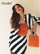 Office Lady Striped Print White Black Elegant Mini Skirt Suits Slim Crop Top Femme Clothing Sets Spring Fashion Retro Suit