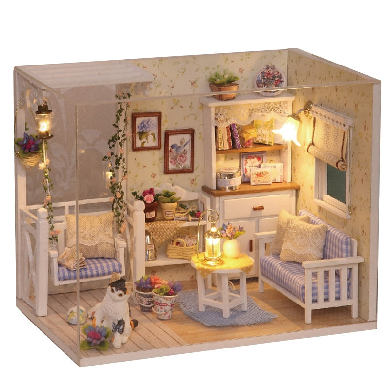 Cutebee DIYHouse miniatura con muebles LED música polvo cubierta modelo Juguetes De bloques De construcción para niños Casa De Boneca