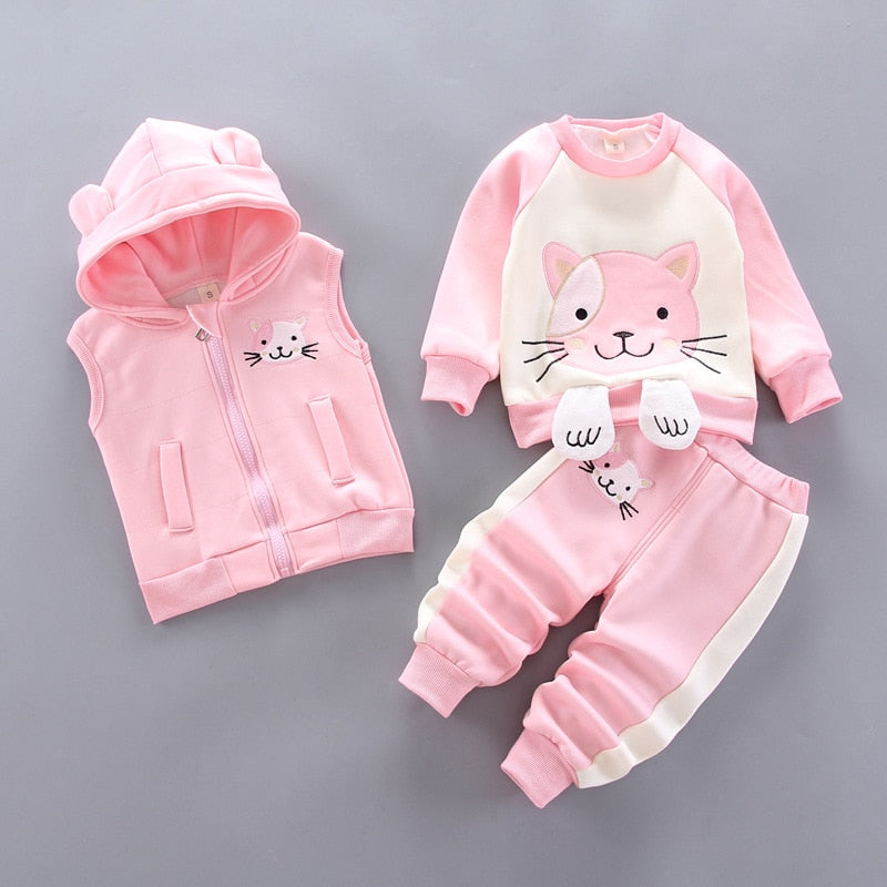 Winter Baby Mädchen Kapuzen Kleidung Kinder Weihnachten Sets Weste + Mantel + Hose 3 Stück Jungen Anzüge Cartoon Bär Kleidungsstück für Kinder im Alter von 1-4 Jahren