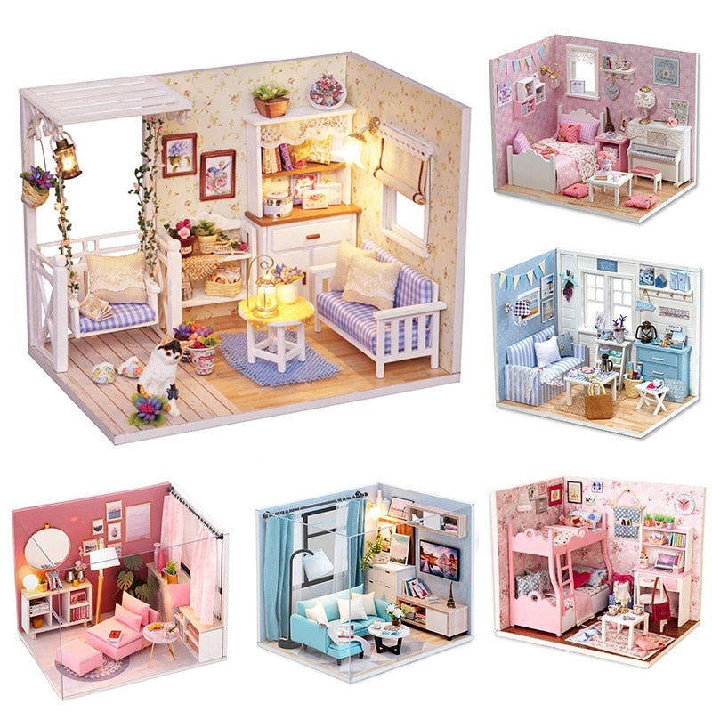 Cutebee DIYHouse miniatura con muebles LED música polvo cubierta modelo Juguetes De bloques De construcción para niños Casa De Boneca