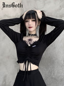 InsGoth Bandage Bodycon manga larga Crop Tops mujer negro cuello en V Streetwear Punk Slim Tops otoño gótico Harajuku Top