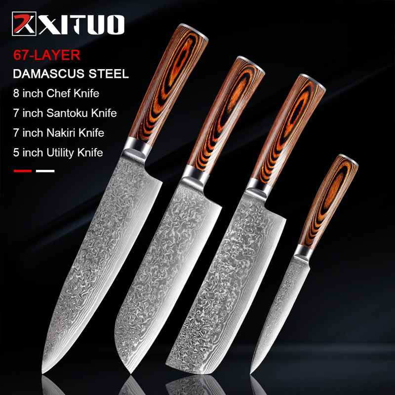 XITUO, 1-4 Uds., juego de cuchillos de cocina, cuchillo de cocina de acero damasco japonés VG10, chef, deshuesado, pelado, Santoku, cuchillos de utilidad, mango de madera